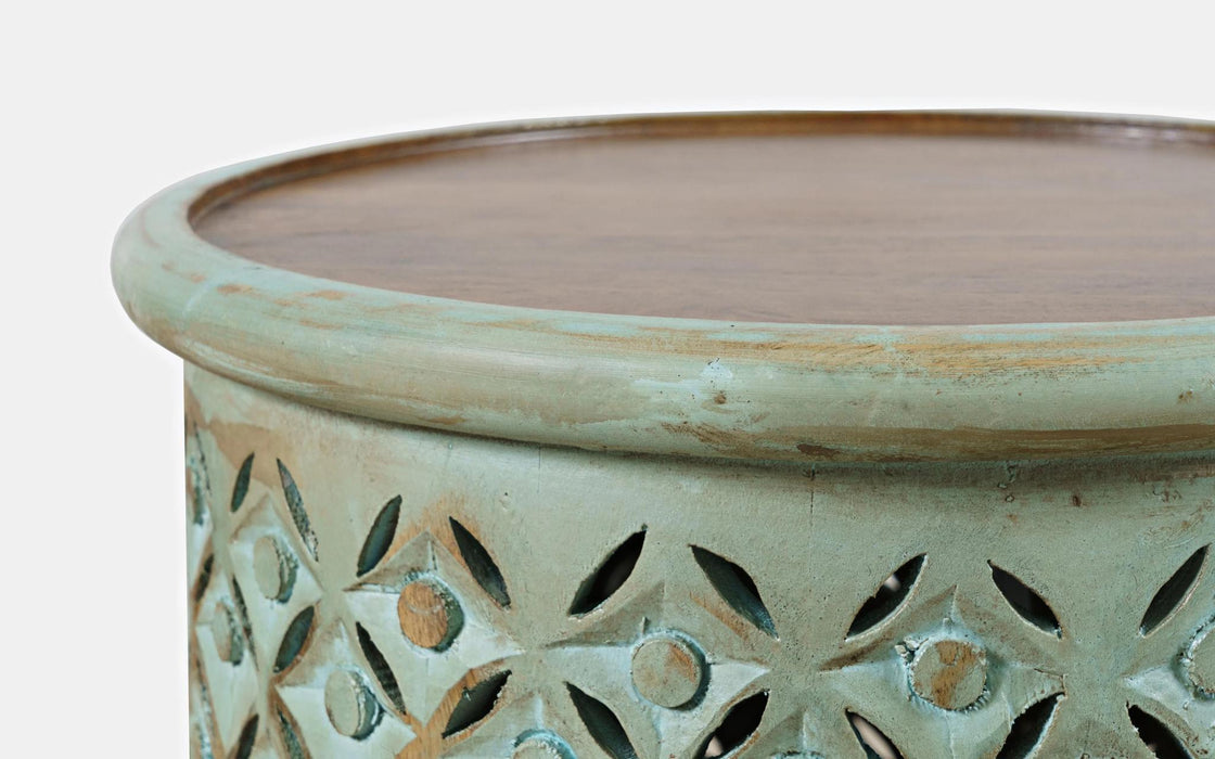 Global Archive Carved Drum Accent Table (Turquoise)