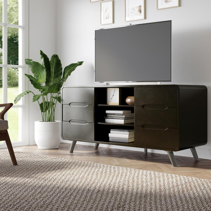 Marlowe Curved 64" TV Stand Media Console (Dark Brown Acacia Wood)